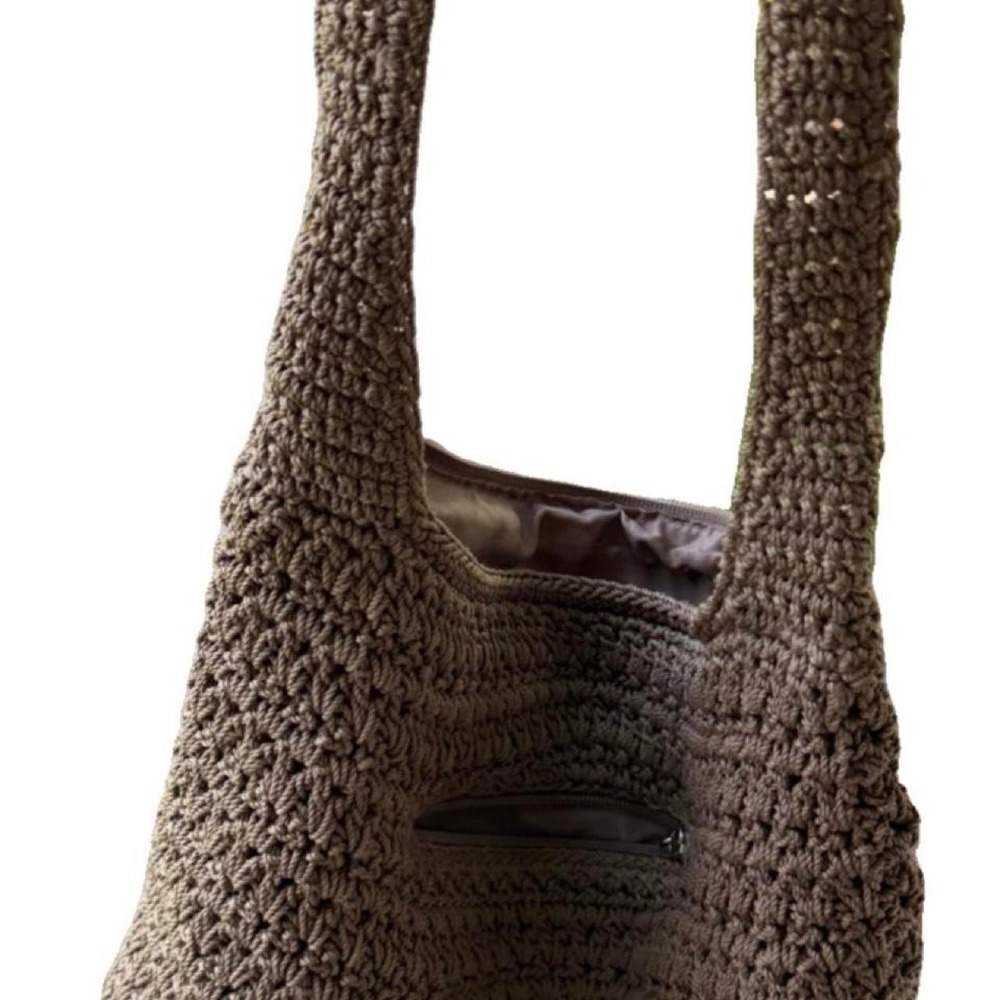 The Sak Brown Crochet Hobo Bag Boho Festival Zippered Shoulder Bag Khaki